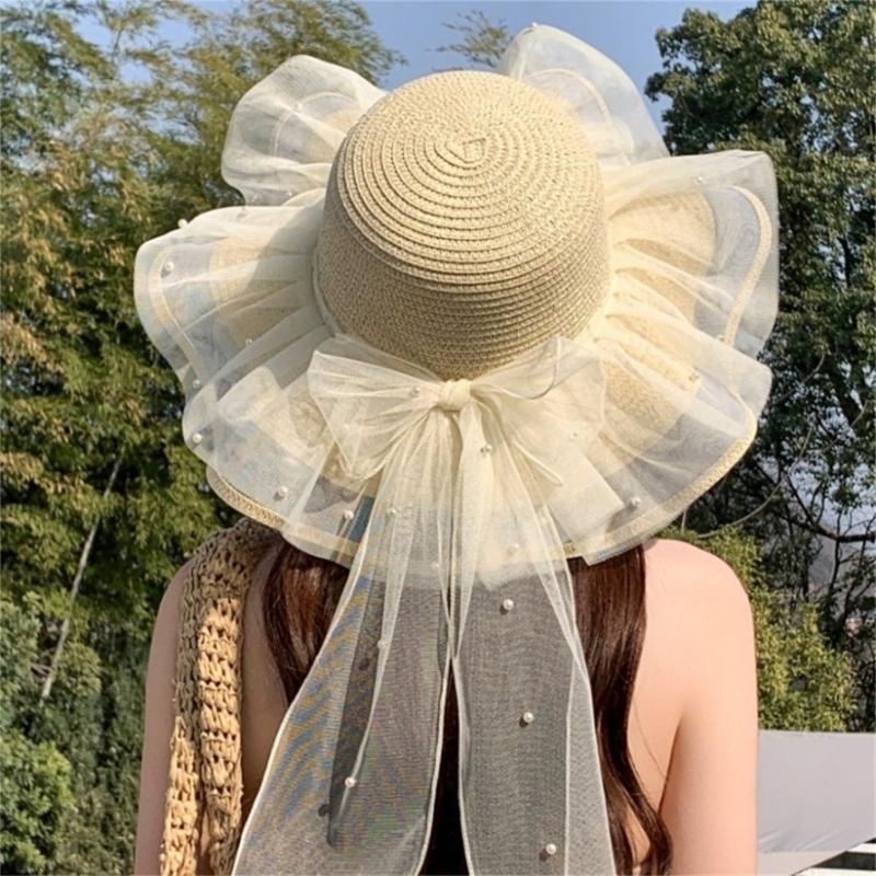 Elegant Sun Hat For Women Paper Straw Breathable And Foldable Lace Bowknot Wide Brims Panama Hat for Camping Travel