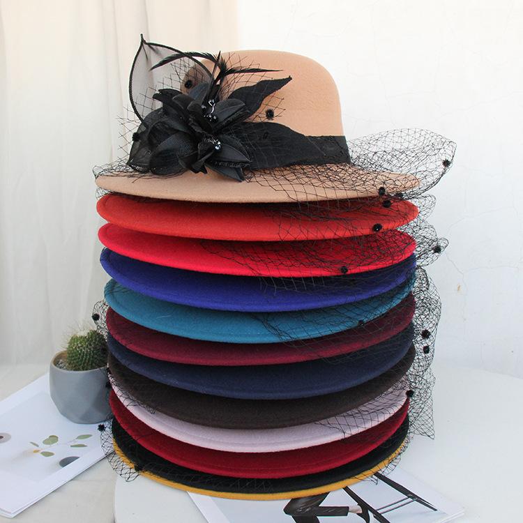 Autumn And Winter Hepburn Big-Brimmed Woolen Hat British Retro Felt Hat Mysterious Mesh Flower Banquet Top Hat
