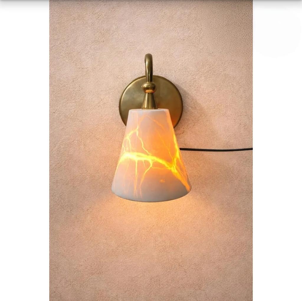 Mid Century Modern Vintage Brass Wall Sconce Alabaster Stone Glass Light Bedside & Bedroom Wall Lamp Luxury Handmade Home Decor Lighting