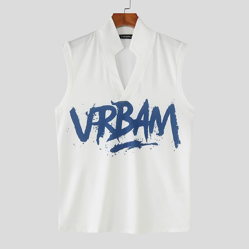 INCERUN Men Stand V Neck Sleeveless Letter Print Casual Rib Tank Tops