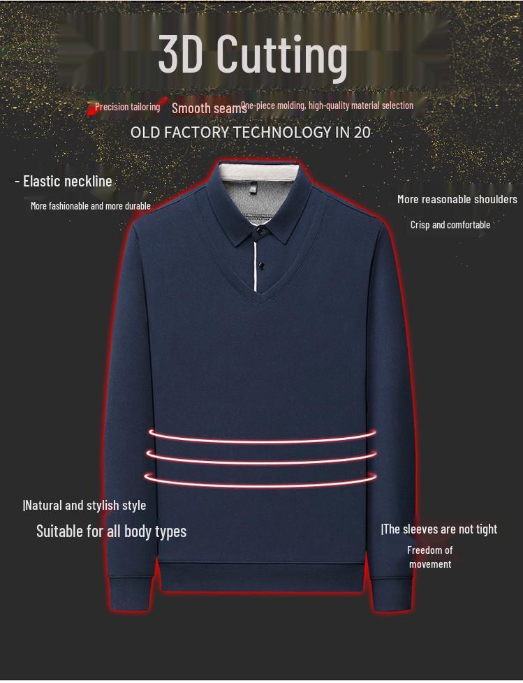 Tricou casual cu mânecă lungă pentru bărbați, aspect two-piece, amestec de lână, cu guler de flanelă