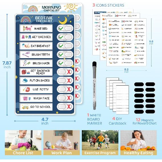 2 in 1 Bedtime/Morning Routine Chart for Kids Toddlers, Magnetic Chore Chart for Kids, Cute Visual Schedule for Kids Schedule Board for Home, Kids