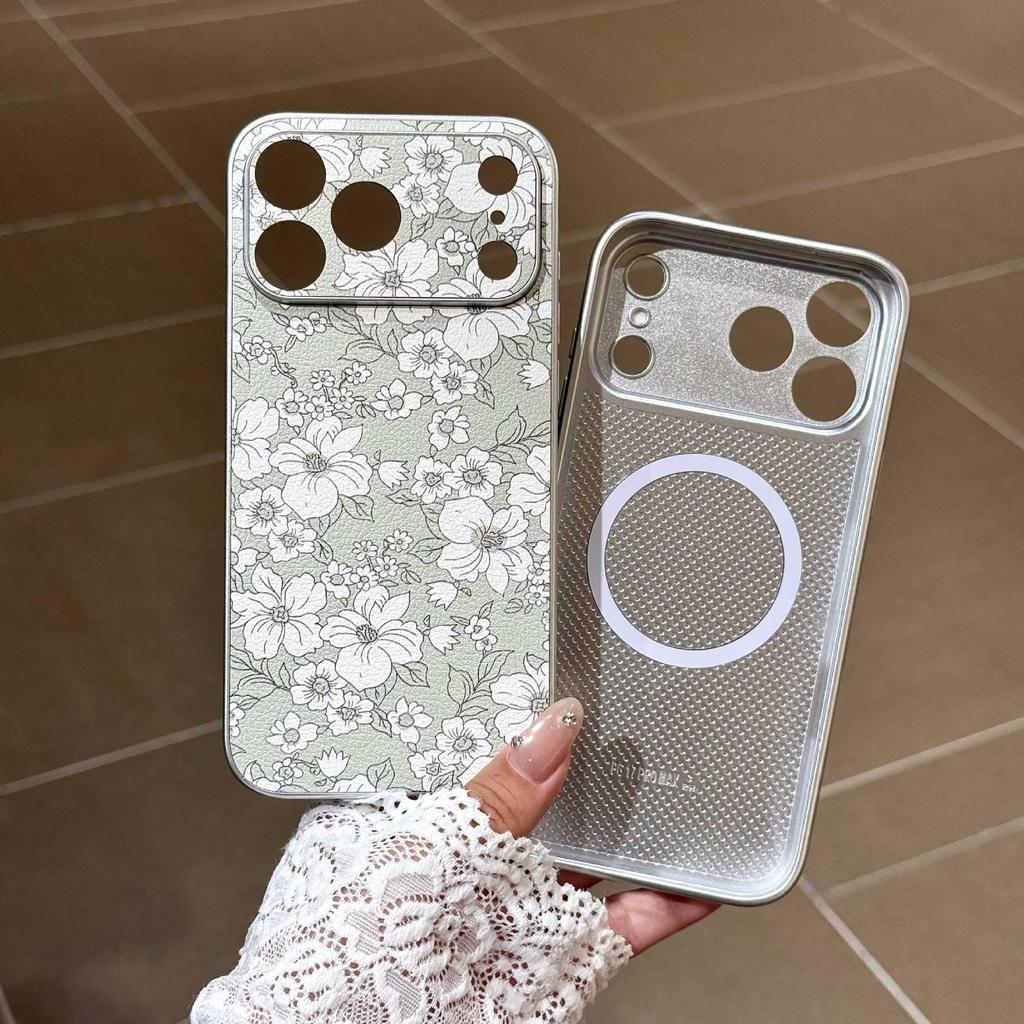 Floral Design iPhone 17 Pro Max Magnetic Protective Case with Leather Texture