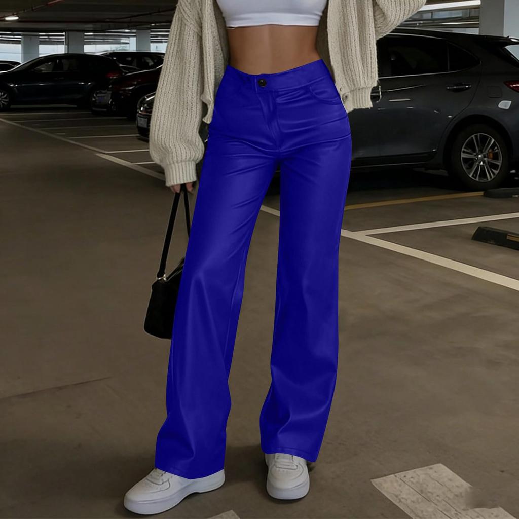 Women's Leather Pants High Waist Straight Leather Pants Pocket Elastic Pu Frosted Casual Pants