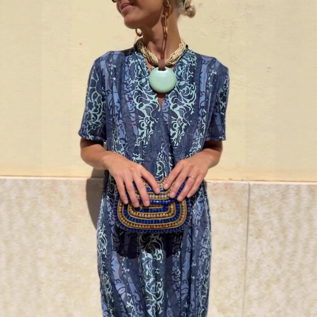 Summer Loose Waist Short Sleeve Mid-Length V-Neck Dress with European & American Ethnic Print