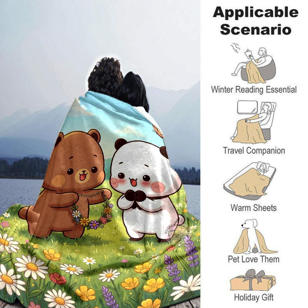 Cute Brown Bear Panda Flower Wreath Meadow Butterfly Print Flannel Blanket Soft Warm Throw Blanket For Sofa Bedroom