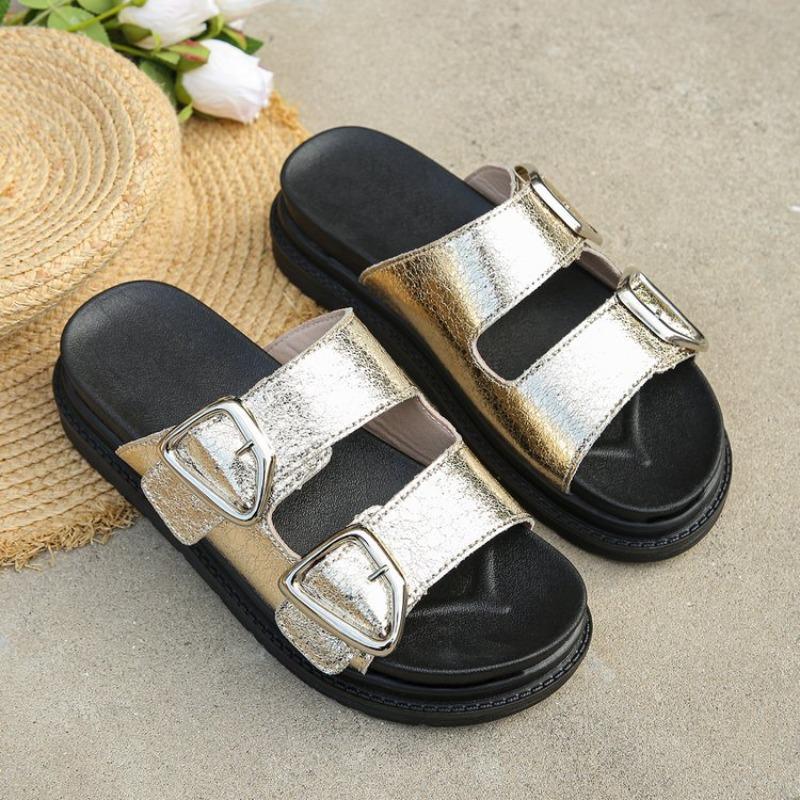 Slippers women's summer wear flat bottom one-word drag retro small sandals beach thick-soled slippers