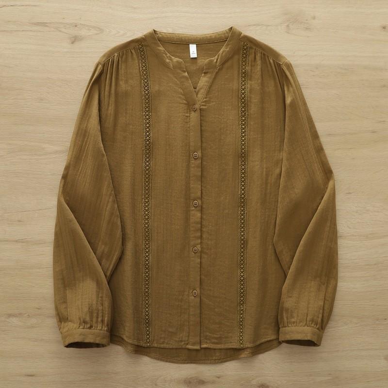 Women Cotton Yarn Soft Shirts Long Sleeve V Neck Blouses White Blue Patchwork Office Lady Tops Casual Female Clothes
