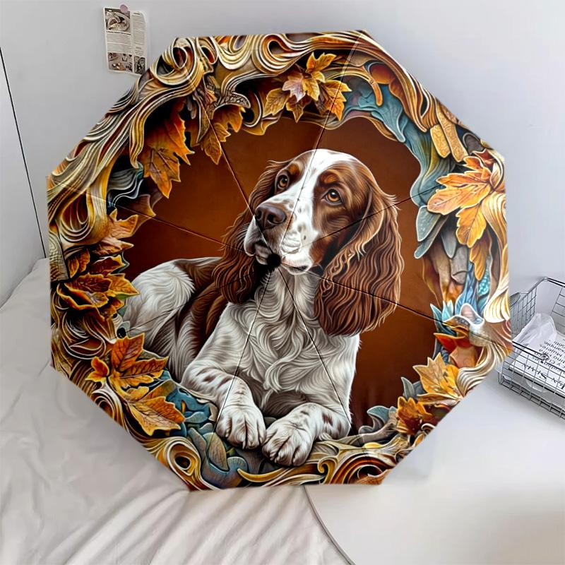 0106 Embossed Leaf Dog  Pattern, Automatic Folding Umbrella, Portable and Foldable Design, 8 Ribs, a Christmas or Birthday Gift.