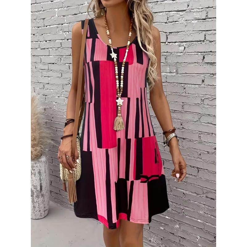 Women's plus size summer sleeveless dress, casual holiday dress, suitable for beach outings and daily parties, bright pattern design