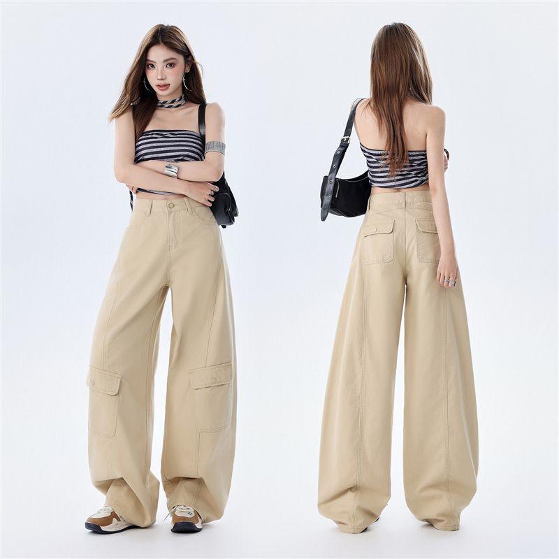Early Spring Pure Cotton Military Green Comfort Relax Drape Saber Cut Scythe Cargo Denim Pants For Ladies Casual Pants Oversize Denim Trousers