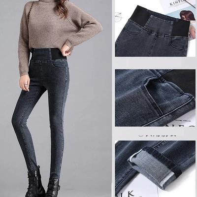 Women's Fashion Spring Autumn Pencil Pants 3 Colors Stretch Denim Skinny Slim Jeans Pants High Waist Jeans Trousers Plus Size