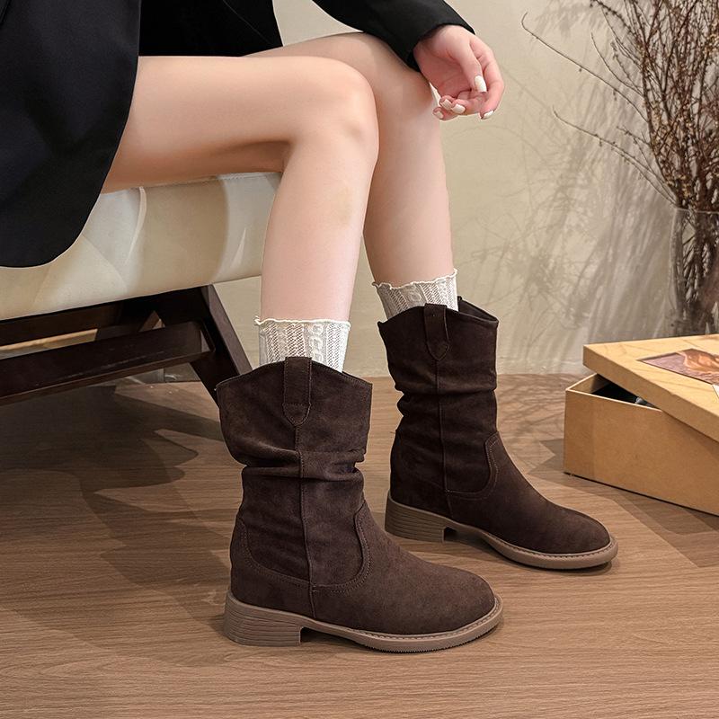 

Coarse heel brown short boots children s 2025 autumn new stacking boots western cowboy boots Sichuan-Tibet medium tube Martin boots women 40 коричневый