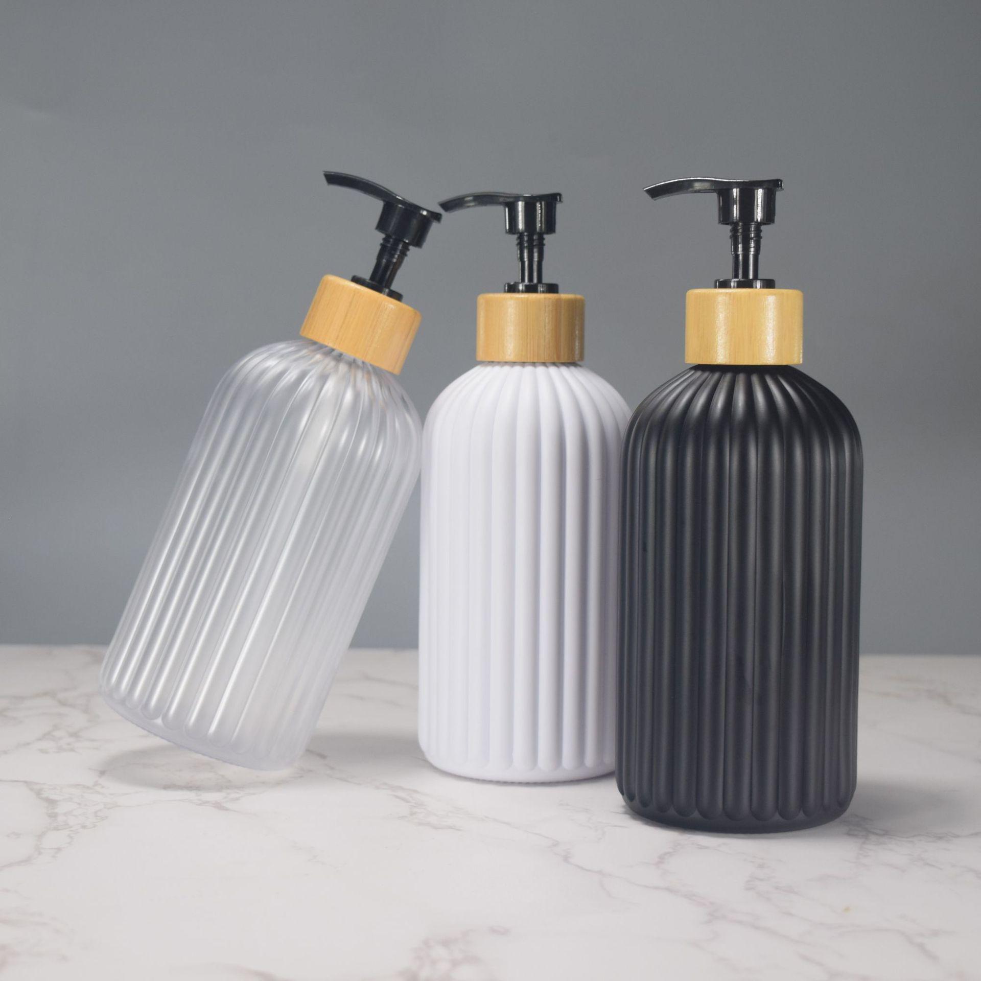 Available: 500ml Black Matte Plastic Shampoo Bottle with Wood Grain Pump, Empty PET Packaging. Glossy Clear PET