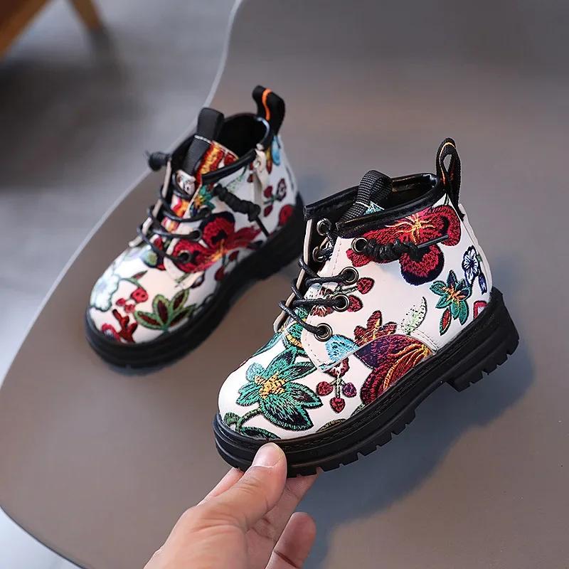 

Retro National Floral Printing Ankle Boots for Kids Girls Cozy Spring Autumn Cotton Boots Shoes Girl Fancy Shoes Child H08121 21 белый
