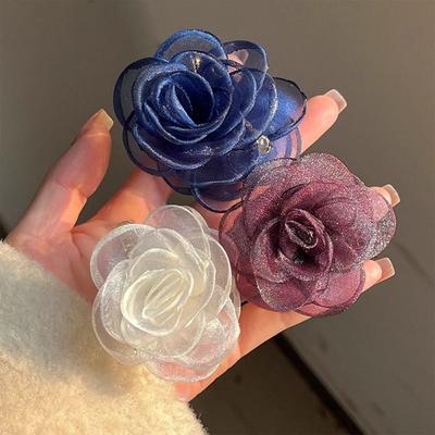 Mesh Camellia Shark Clip French Style Flower Claw Clip Cute Simulation Flower Hair Claw  Summer
