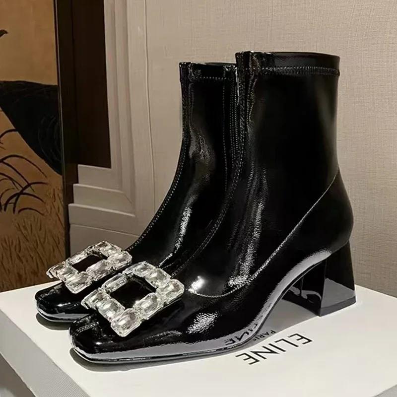модные женские ботильоны с кристаллами и массивным носком на высоком каблуке замшевые туфли с квадратным носком элегантные зимние сапоги 2024 года туфли-лодочки новые женские ботинки челси 35 6539₽