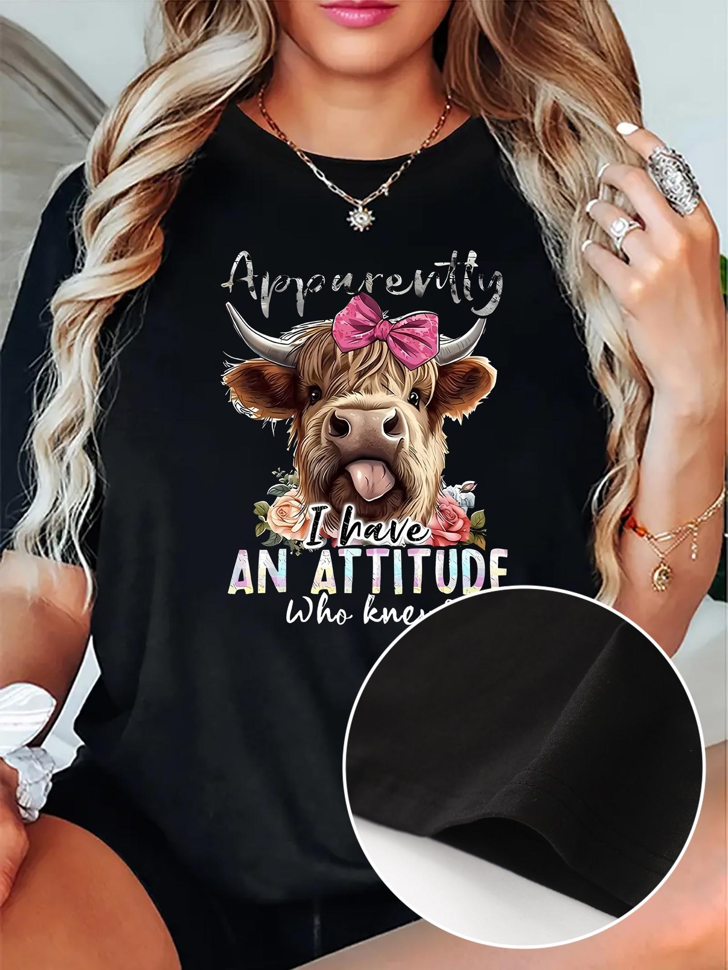 Highland Cow with Pink Bow Graphic Attitude T-shirt L