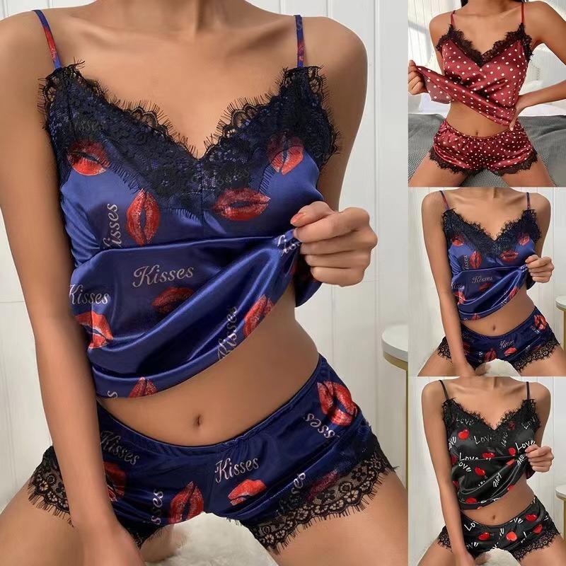Polka Dot Letter Printed Sleepwear Women Sexy V Neck Sling Vest and Shorts Set Casual Loungewear