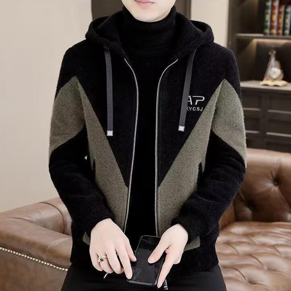 Men Outdoor Windproof Jacket Men's Hooded Drawstring Jacket with Color Matching Thick Soft Winter Coat for Plus Size Long Sleeve
