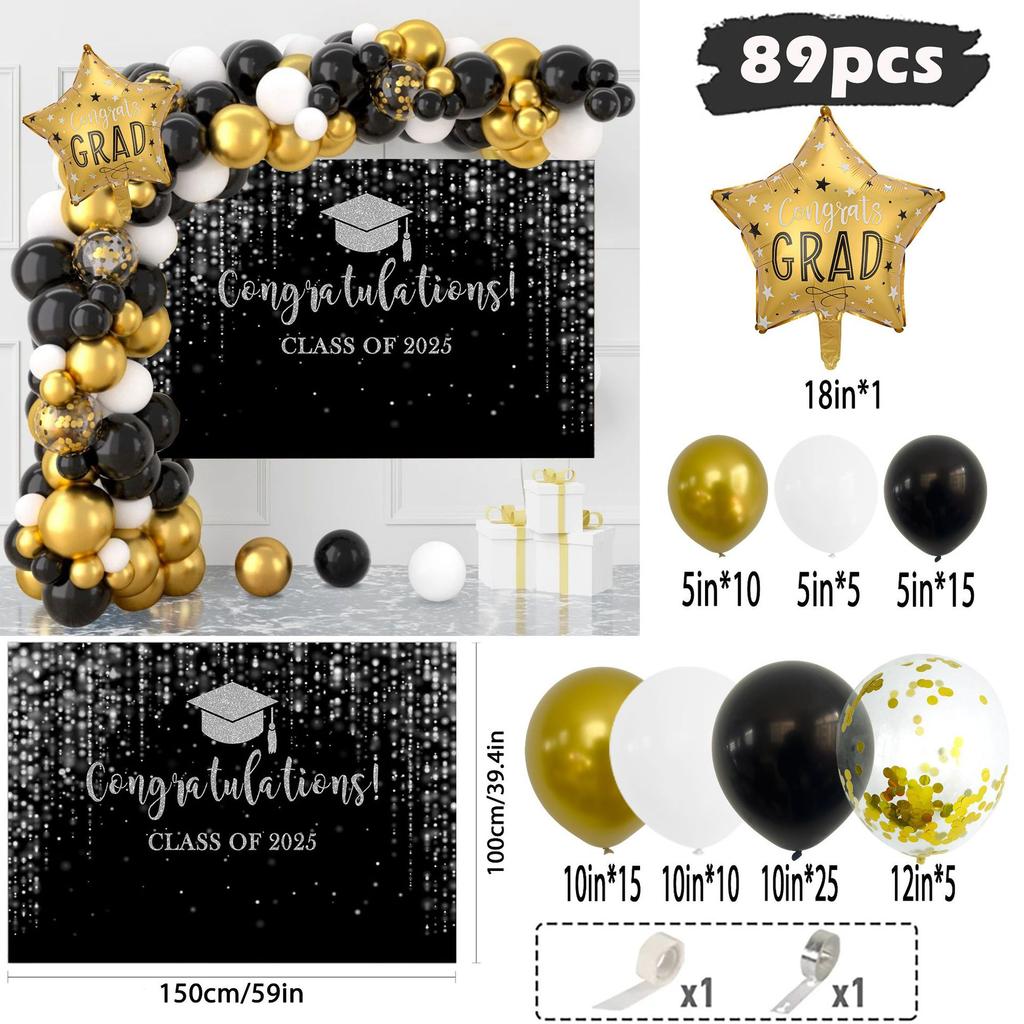 Bakgrundsduk för examenssäsong Svart Guld Tema Med Ballongset Skolgårdsfest Festival Ceremoni
