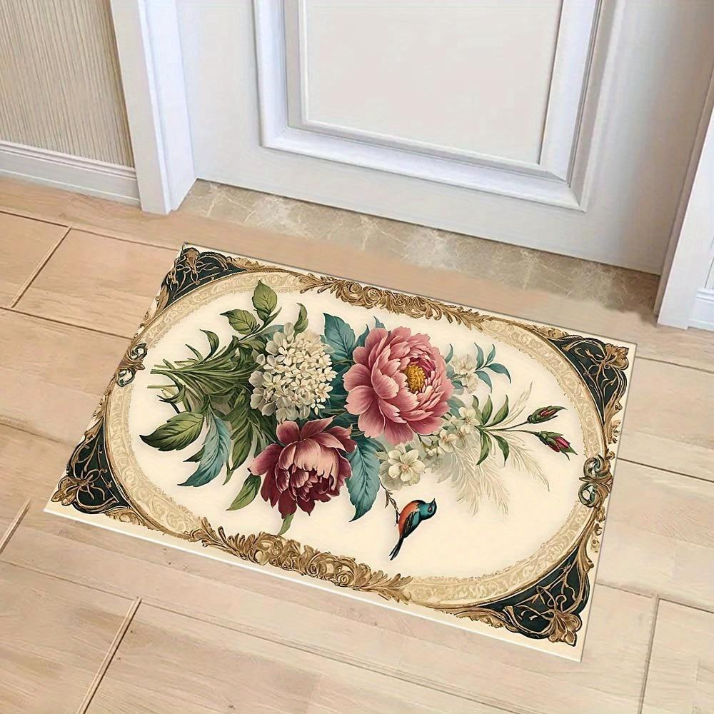 1pc Elegant Floral Bird Area Rug Crystal Velvet, Large Square Carpet with Vibrant Pink Peonies & Green Foliage, Perfec