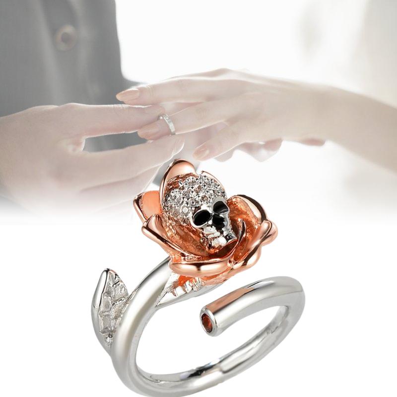 Inlaid Zircon Copper Ring Flower Skull Shape Adjustable Women Accessory Jewelry