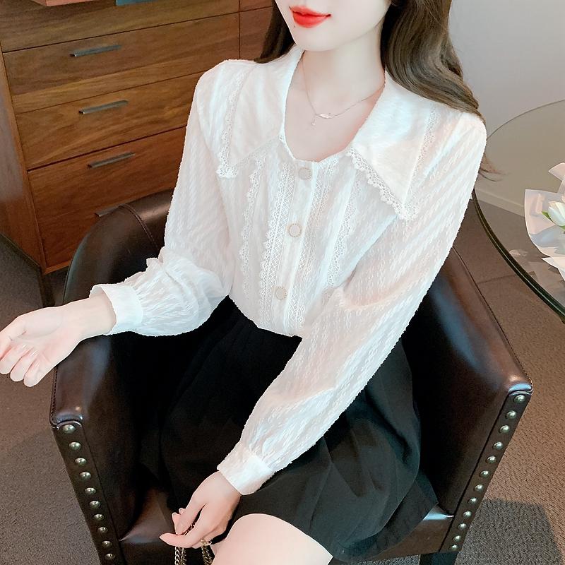 Fashion Autumn New 2024 Casual Long Sleeve Doll Collar White Chiffon Blouse Shirt Women Tops Blouses Shirts J478