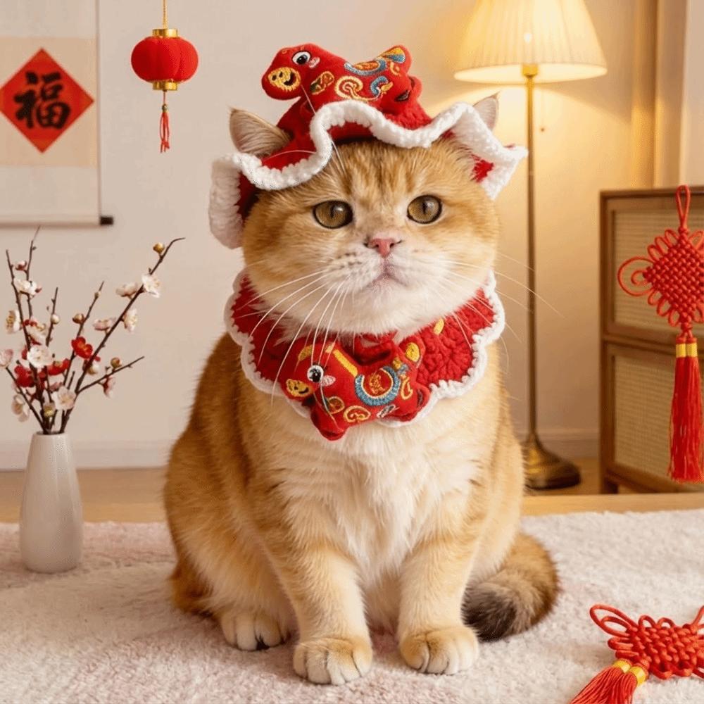 Sciarpa per Animali Domestici Stile Cinese Cartone Animato Design Cavallo dello Zodiaco Rosso Nuova Anno Copricapo Testa di Gatto Cappello a Maglia Elastico Regolabile per Animali Domestici Accessorio per Foto