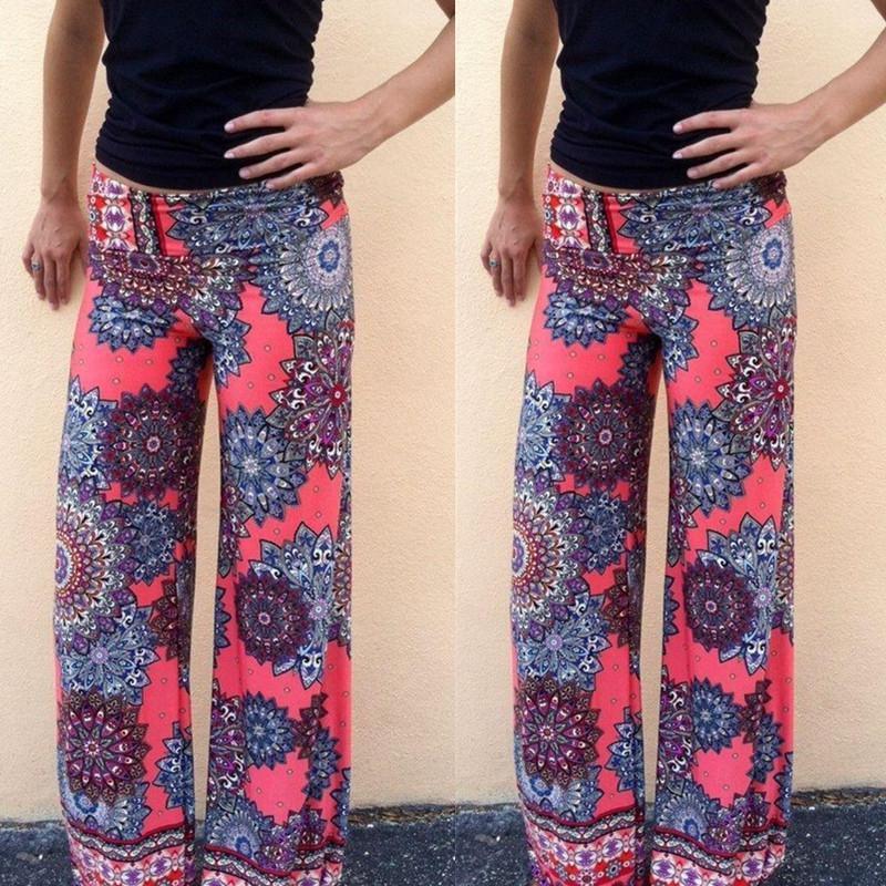 Women Bohemia Long Pants Floral Print Straight Casual Loose Trousers With Micro Fiber Material