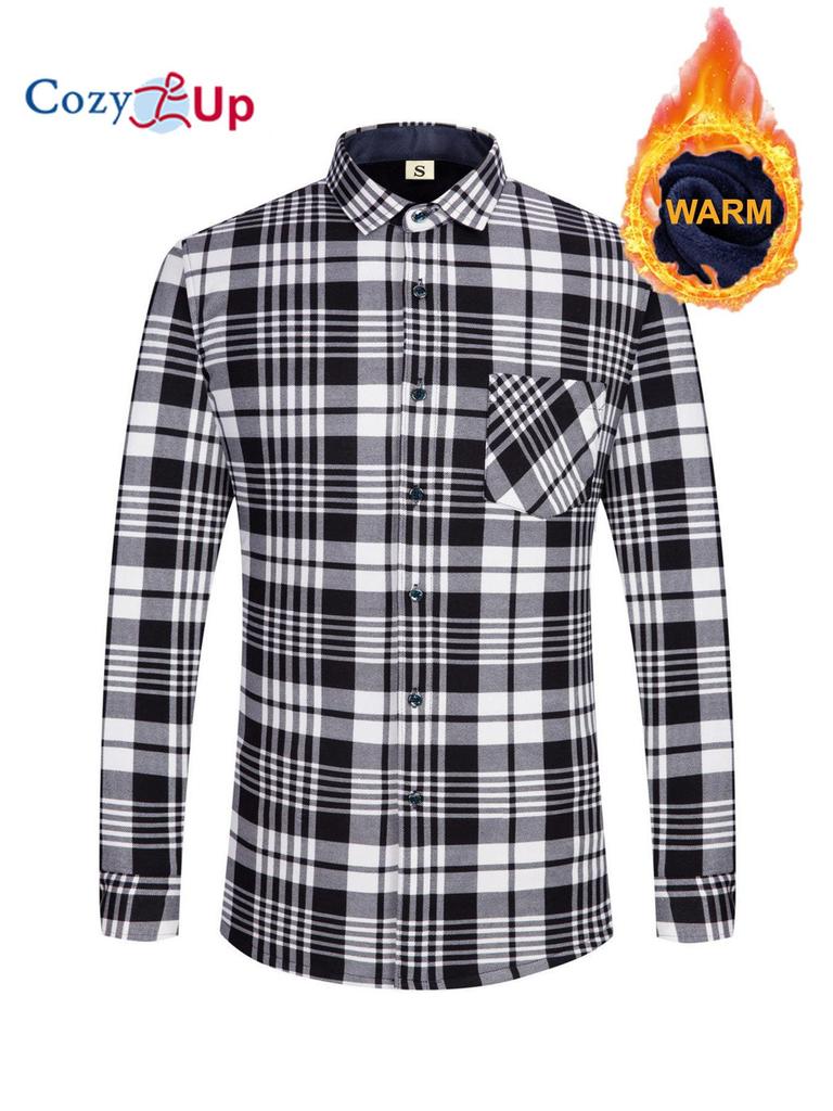 Cămașă caldă cu model în carouri ocazional pentru bărbați Cămașă cu mânecă lungă cu buzunar la piept, cămașă pentru bărbați plus fleece groasă cu nasturi