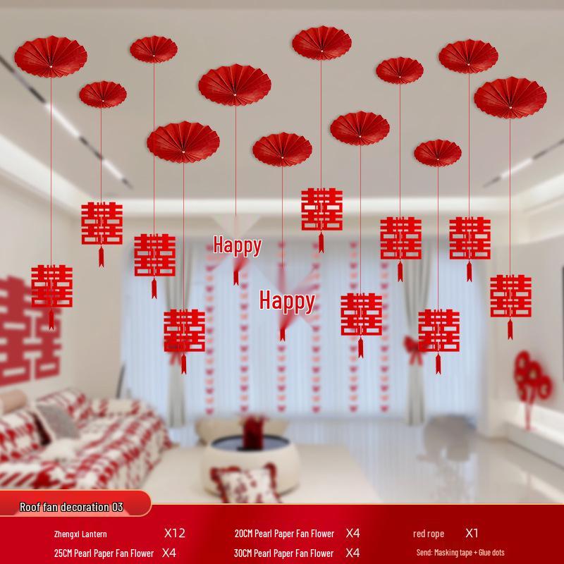 Wedding Ceiling Decoration: Double Happiness Pull Flower Ornament for Bedroom