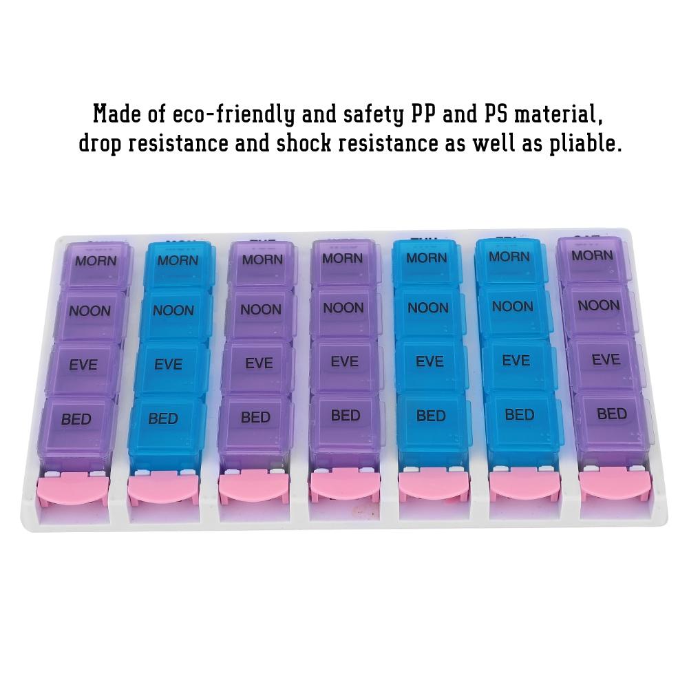 7 Days 4 Times a Day 28 Compartments Pill Box Medicine Organizer with Push Button (Blue Purple)