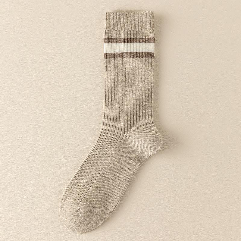Socks Double Needle Boneless Medium Tube Socks Season Warm Wool Socks Retro Striped Versatile Pile Socks Women'S