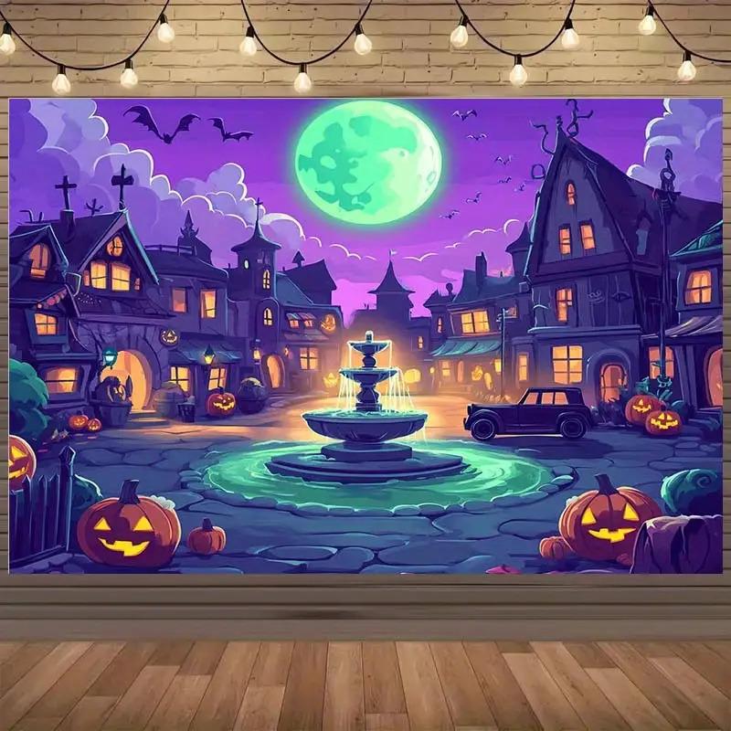 1 2D flaches Halloween-Kürbisdorf-Hintergrundstoff, mit einem Mond und einem Brunnen | Horror-Partydekoration