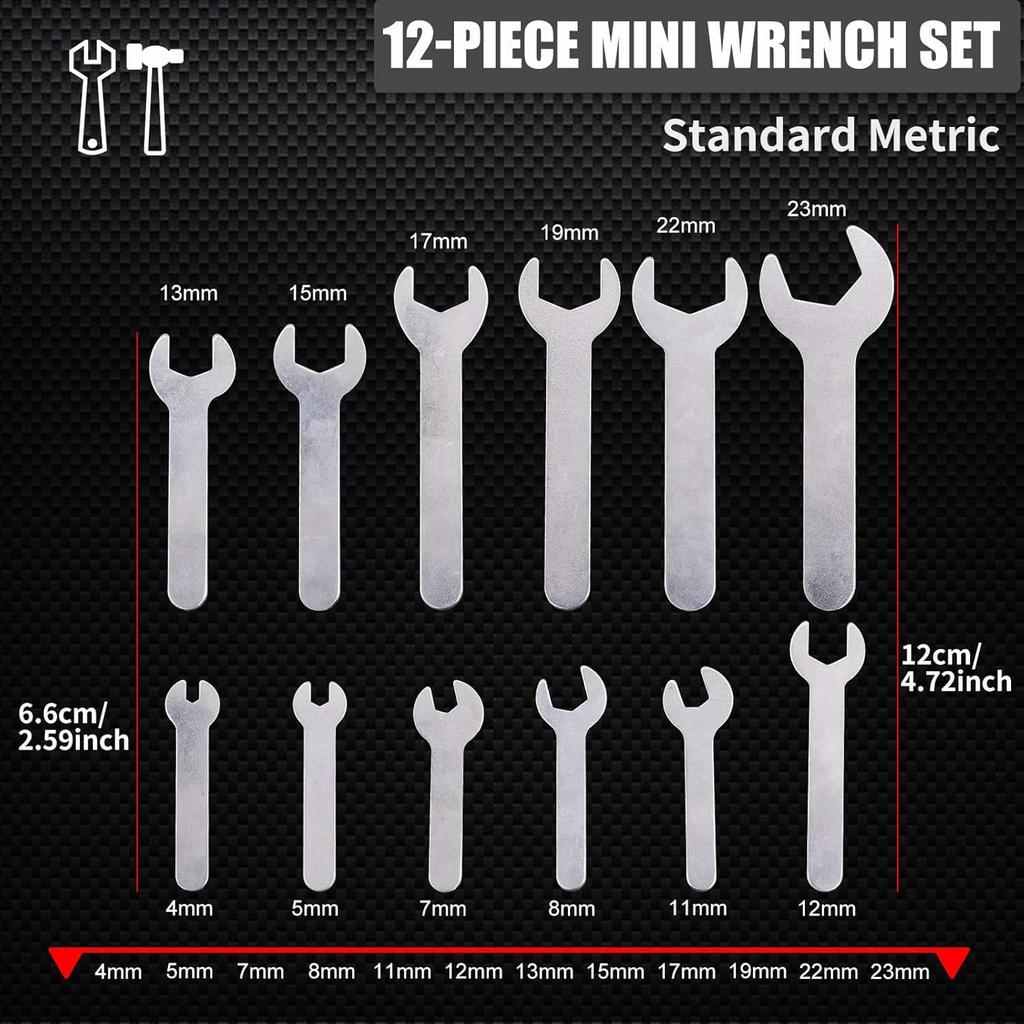Biqing Wrench 2mm Small Wrench Adjustable Wrench 12-Piece Set, Ultra-Thin Open-End Wrench, 4-23mm Set,