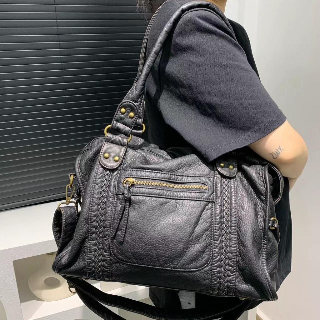Y2K Pikantní holka Jednoramenná crossbody taška Vintage praná kůže Měkká kůže Motorkářská taška Velkokapacitní taška