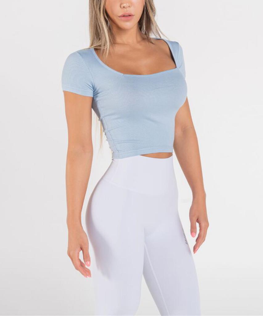 WANNABEZFIT Slim Square Neck Crop Short Sleeve Sky Blue