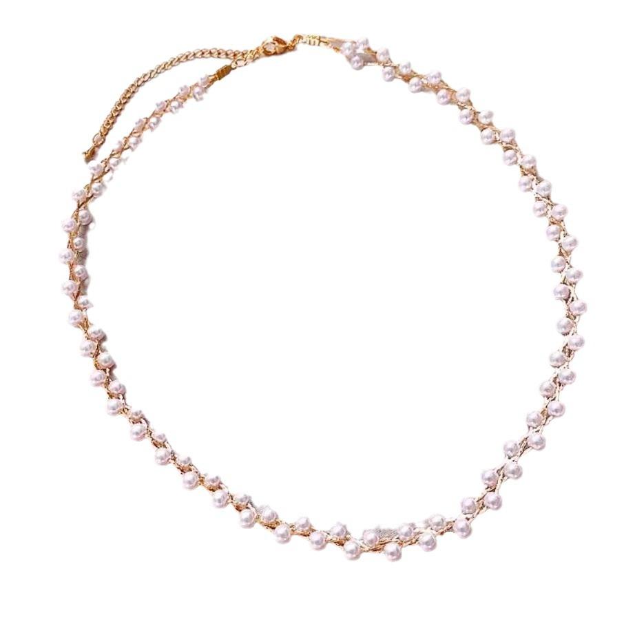 Nk-35 Three Woven Crystal Pearl Neck Chain Necklace Short High-End Niche Light Luxury Women