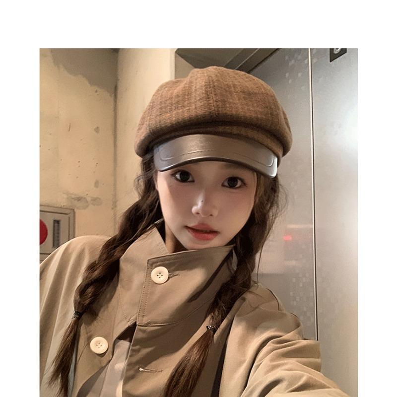 

Японская ретро шерстяная восьмиугольная шляпа для женщин на осень и зиму, литературная шляпа газетчика, повседневная универсальная клетчатая шляпа-берет для женщин M（56-58cm）