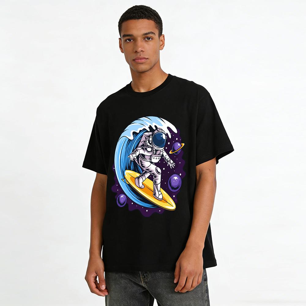 Astronaut Surfing In Space Graphic Casual Short Sleeve T-Shirt Pure cotton T-shirt