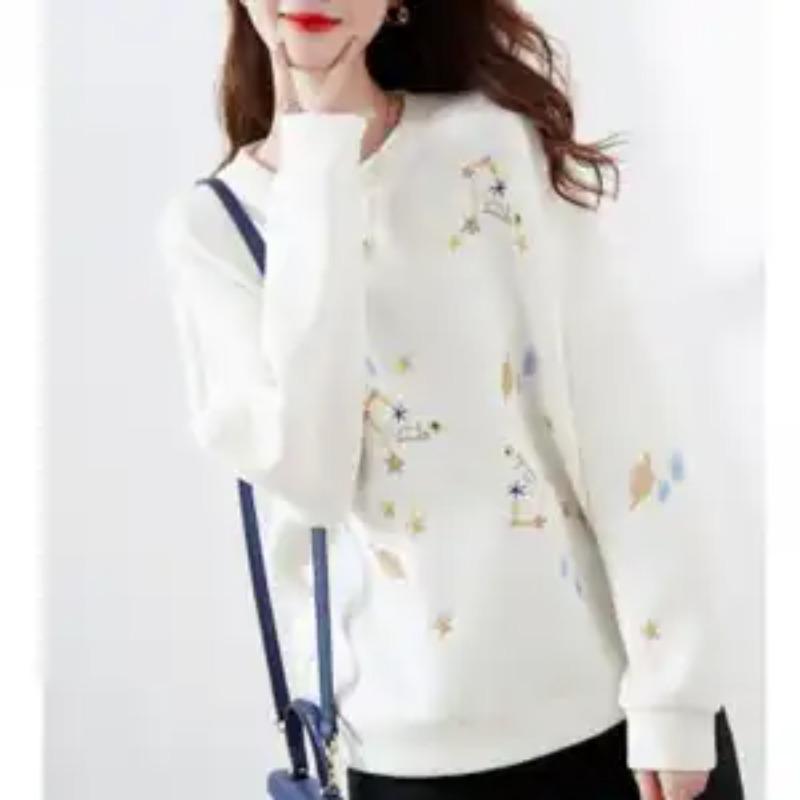 

Женский новый сшивной пуловер с круглым вырезом, вышивкой, модный, свободный и универсальный, повседневный топ с длинным рукавом L белый