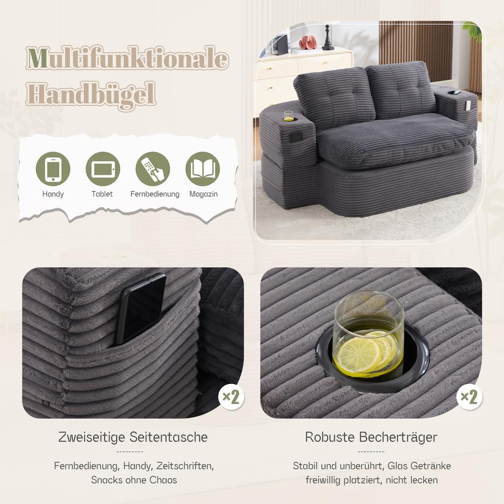 2-in-1 Slaapstoel Fluweel, Bank met Verstelbare Rugleuning, Samengeperste Vloerbank, Verstelbare Armleuningen, 2 Bekerhouders, Rugleuning, Diepe Zitting, Donkergrijs