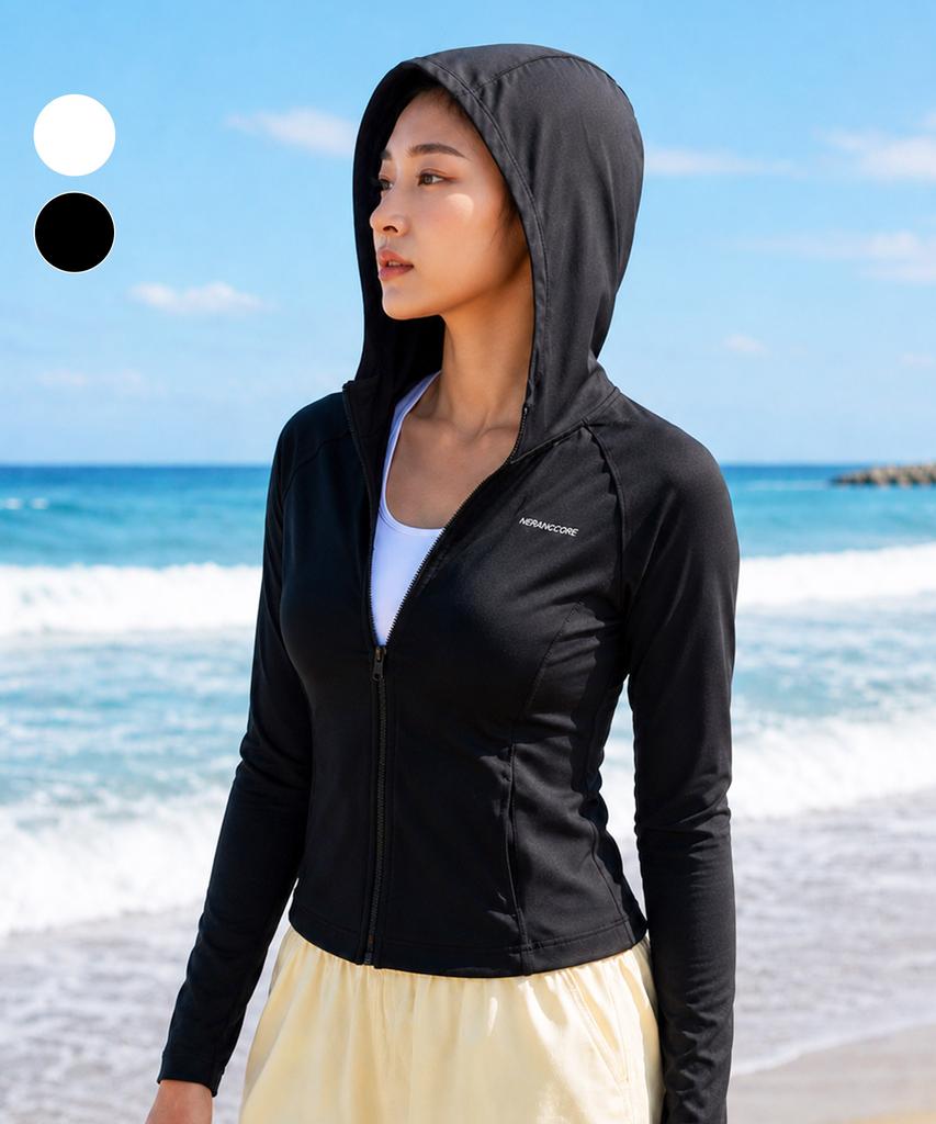 Helingbon Women'S Hooded Zip-Up Fingerhole Crop Rash Guard (2 Colors) / Rj391W