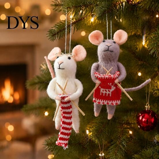 Soft Wool Felt Animal Figurines Christmas Mouse Ornament, Handmade Felted Hanging Decoration, Charming Window Displays Cute Knitting Doll for