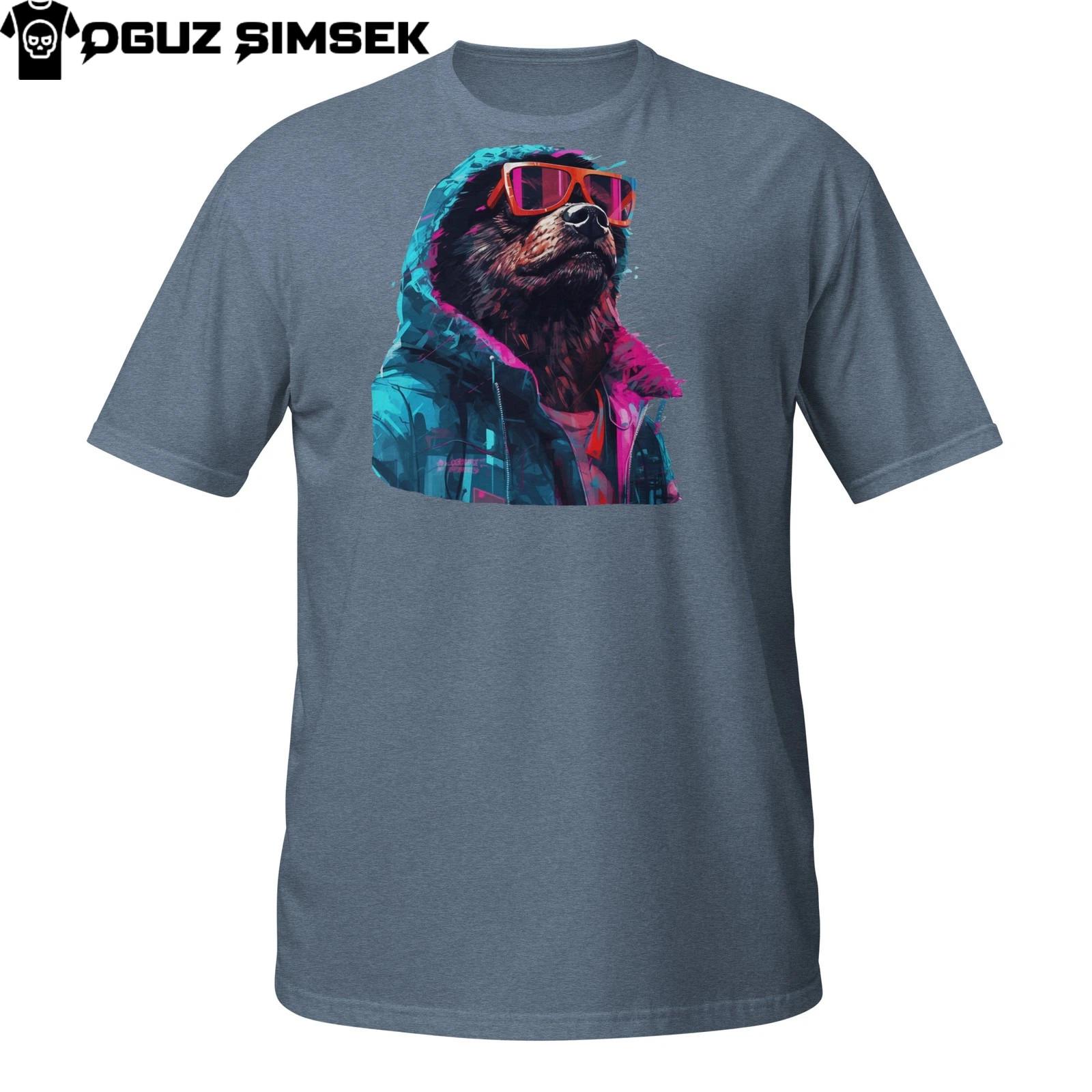 Streetwear Bear T-Shirt Mens Womens Tees Top – Cyber Hoodie Design with Neon Sunglasses L