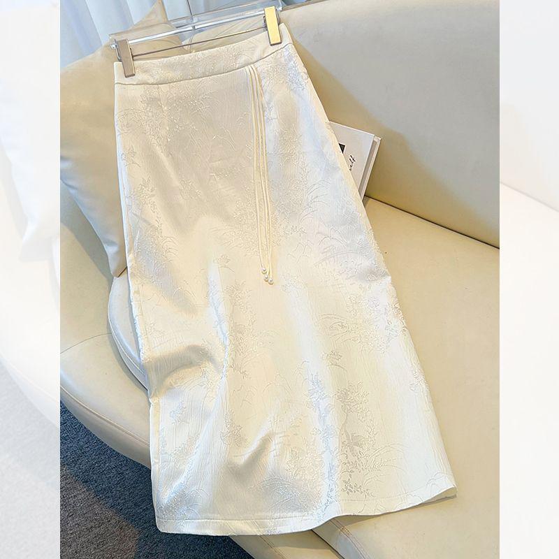 Summer 2025 High-Waist Chinese Style Embroidered A-Line Bodycon Midi Skirt for Women