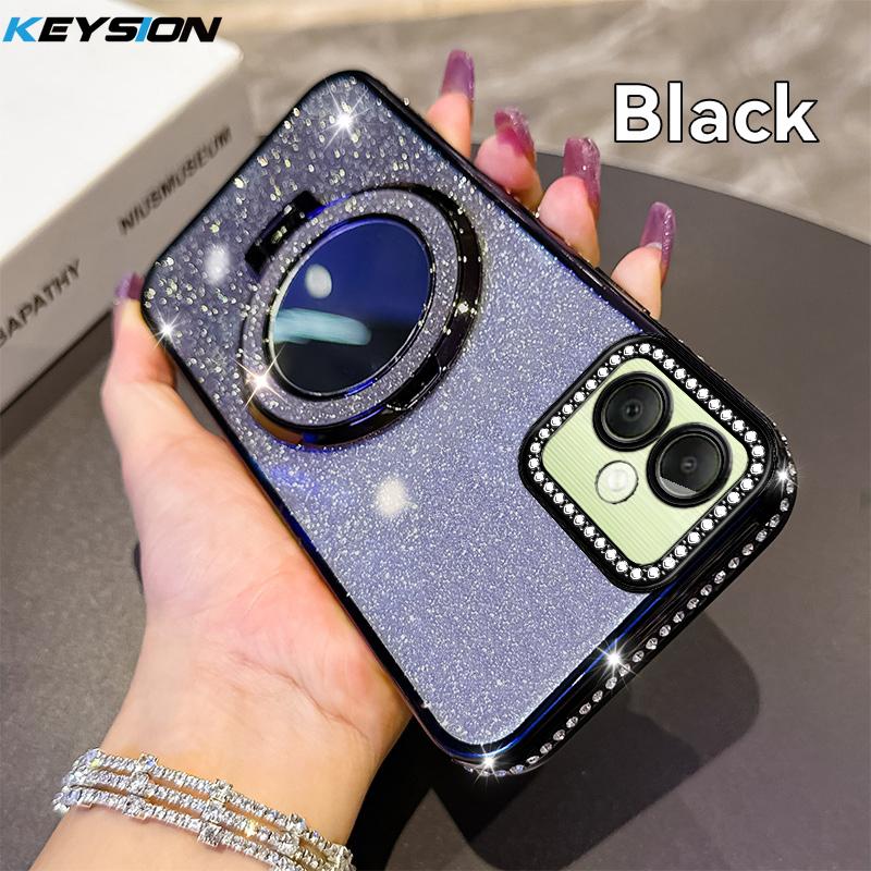 KEYSION Luxury Glitter Jewelled Magnetic Phone Case for Samsung Galaxy A07 A06 A05 A04 Makeup Mirror Stand Shockproof Back Cover