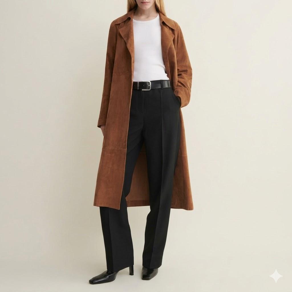 

Women s Trench Coat Brown Suede Real Lambskin Leather Stylish Handmade Party Fit 3XL коричневий