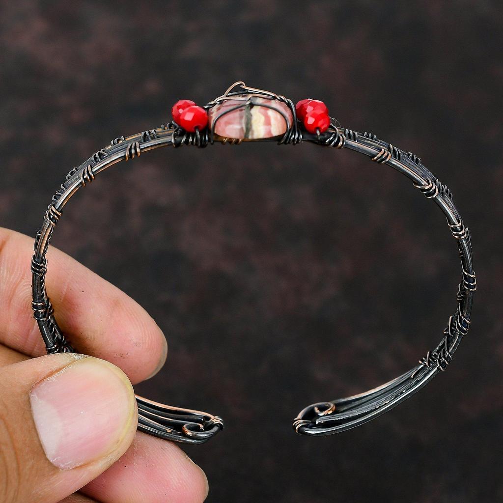 Rodokrosit Koppar Manschettarmband Röd Korall Pärlor Armring Koppartråd Inlindat Smycke Justerbar Manschettarmband Ädelstensarmring Handgjord Manschett